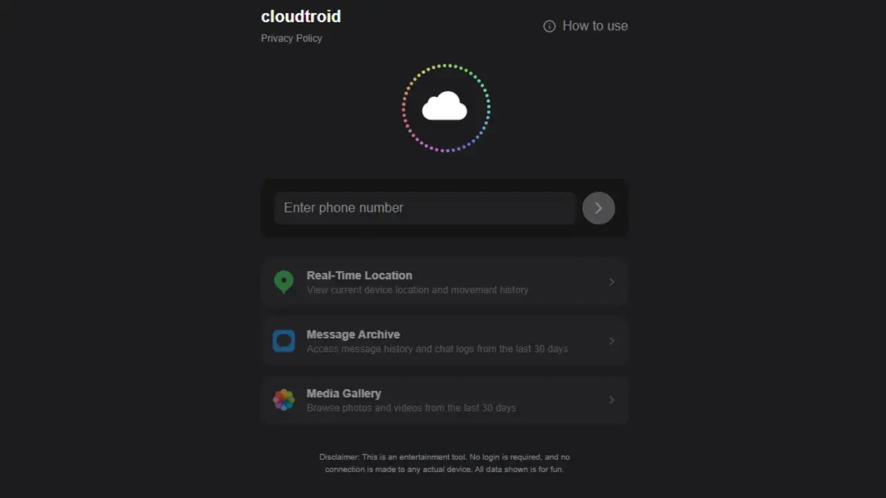 Screenshot of the Cloudtroid app displaying iMessage conversations retrieved via iCloud for responsible monitoring.